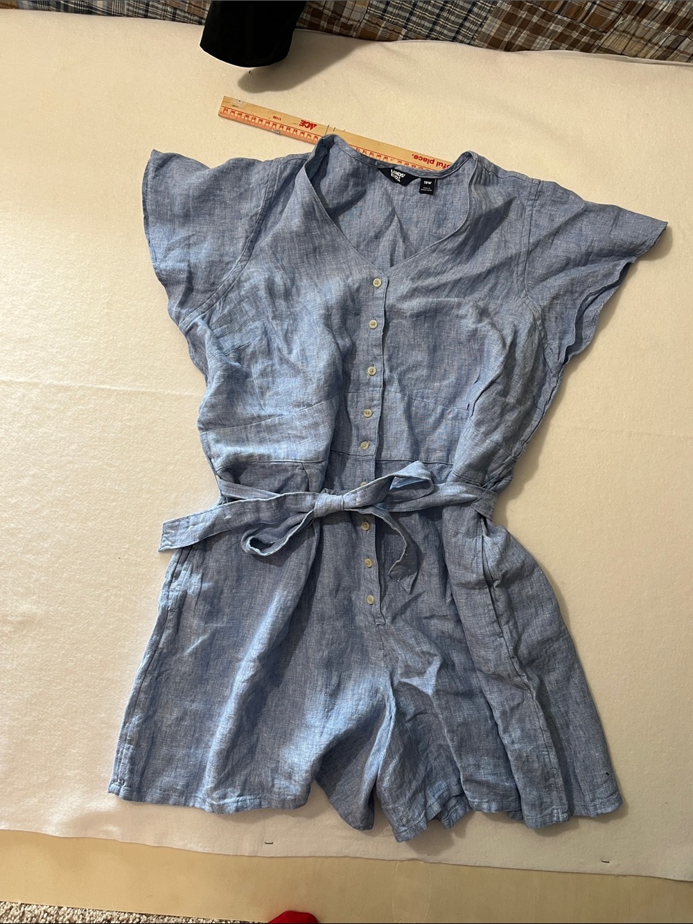 Lands' End Chambray Blue Button-Front Linen Romper with Tie Waist 18 W